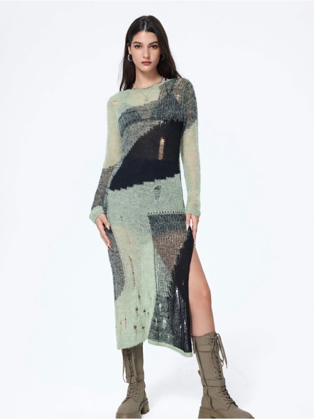 Cider KNIT PATCHWORK RIPPED MIDI DRESS small nwt